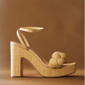 Loeffler Randall Fae Braided Raffia ankle strap platform sandals. Natural/Straw